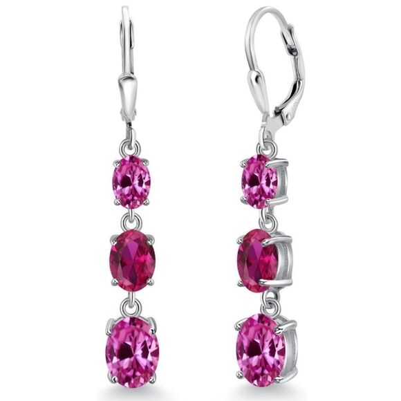 925 Sterling Silver with 6.00 Cttw 3 Stone Pink Sapphire and Ruby Drop Earrings